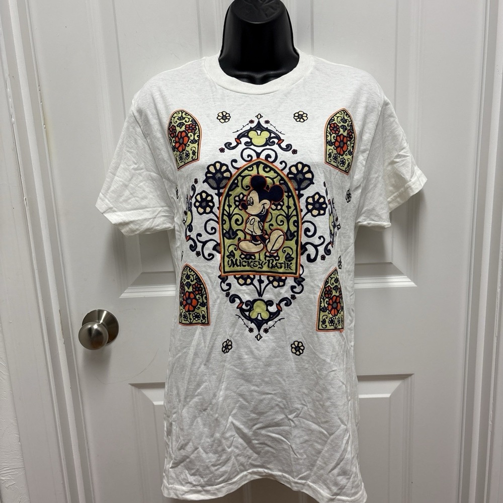 Vintage 90s Mickey Mouse Batik Halloween Art T-Shirt White w/ Flowers Size Small